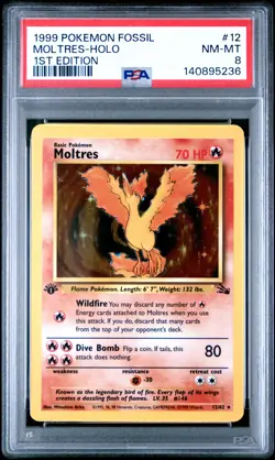 1999 Pokemon Fossil 1st Edition 12 Moltres Holo PSA 8 140895236 - Image 1