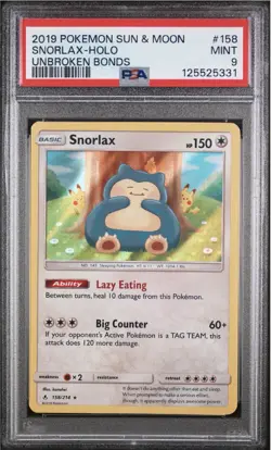 Pokemon TCG Snorlax Unbroken Bonds Holo Card 158/214 PSA 9 - Image 1