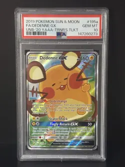 2019 Pokemon Sun & Moon Dedenne GX 195A/214 Alternate Art Holo Promo PSA 10 - Image 1