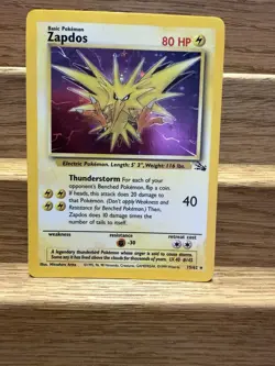 1999 Pokemon TCG Zapdos Holo Rare Card 15/62 Fossil Base Set Vintage - Image 1