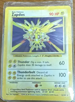 Pokemon TCG Zapdos 016/102 Base Set Holo Rare Unlimited English 1999 - Image 1