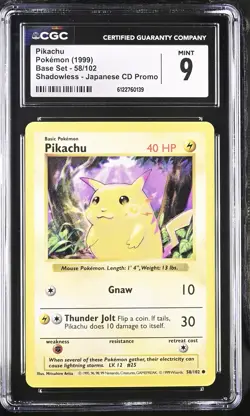 CGC 9 MINT Pikachu 58/102 Shadowless Japanese Cd Promo Base Set Pokemon Card - Image 1