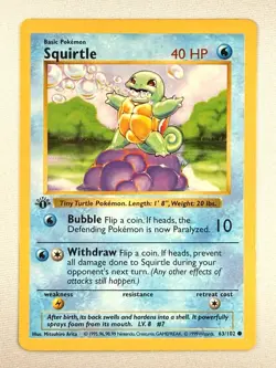 Pokemon TCG Squirtle 63/102 Base Set Shadowless Regular 1st Edition WOTC 1999 - Image 1