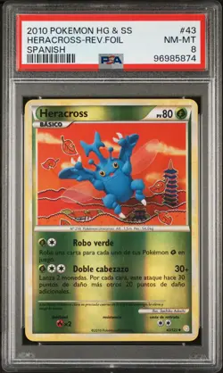 2010 POKEMON HEARTGOLD & SOULSILVER SPANISH #43 HERACROSS-REVERSE FOIL PSA 8 - Image 1