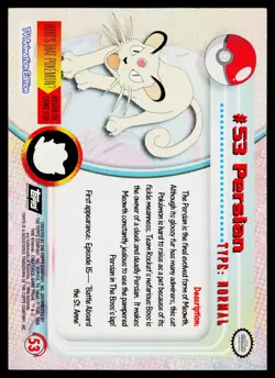 Persian #53 Pokemon TOPPS Series 1 TV Animation Black Label Rays Holo - Image 2