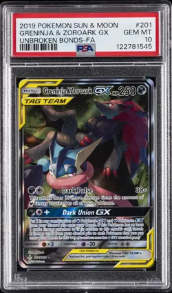 2019 POKEMON SUN & MOON UNBROKEN BONDS FULL ART/GRENINJA & ZOROARK GX PSA 10 - Image 1