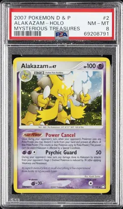 2007 POKEMON DIAMOND & PEARL MYSTERIOUS TREASURES #2 ALAKAZAM-HOLO PSA 8 - Image 1