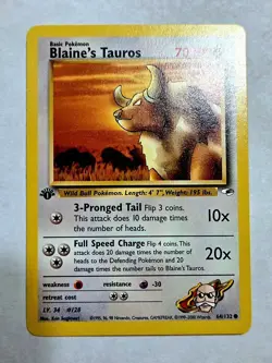 Blaine’s Tauros 1st Edition 64/132 Gym Heroes Pokemon TCG 2000 Wizards NM/MINT - Image 1