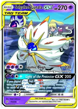 Damaged, English Pokemon Holo Solgaleo & Lunala Tag Team GX - 75/236 - Ultra Rar - Image 1