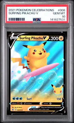 2021 POKEMON CELEBRATIONS #008 SURFING PIKACHU V PSA 10 - Image 1