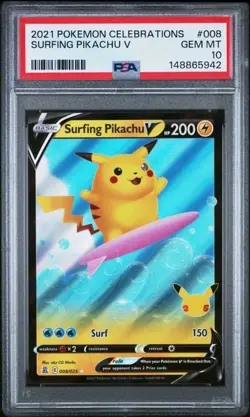 SURFING PIKACHU V #008 PSA 10 2021 POKEMON CELEBRATIONS GEM MT - Image 1