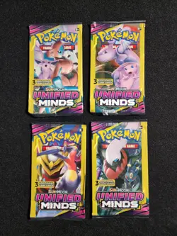 Pokemon Unified Minds - Sun & Moon 3 Card Booster Pack Lot of 4 - Full Art Set 820650805684 - Image 1