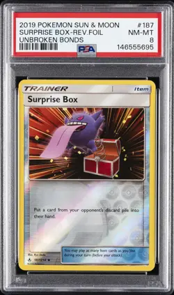 2019 POKEMON SUN & MOON UNBROKEN BONDS #187 SURPRISE BOX-REVERSE FOIL PSA 8 - Image 1