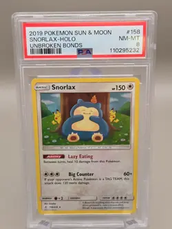 2019 POKEMON SUN & MOON UNBROKEN BONDS #158 SNORLAX-HOLO PSA 8 - Image 1