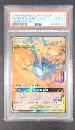 2019 POKEMON SUN & MOON HIDDEN FATES #44 MOLTRES & ZAPDOS & ARTICUNO GX PSA 10 - Image 1