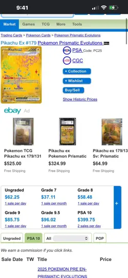 Pokemon Pikachu ex 179/131 Prismatic Evolutions Hyper Rare Holo PSA 9 - Image 3