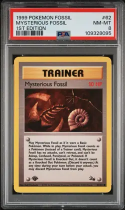 1999 Pokemon Fossil #62 Mysterious Fossil Trainer 1st Edition PSA 8 - Image 1