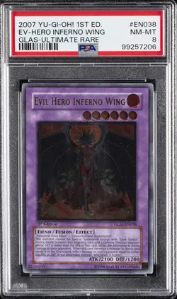 2007 YU-GI-OH! GLAS-GLADIATOR'S ASSAULT #EN038 EVIL HERO INFERNO WING PSA 8 - Image 1