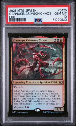 2025 MTG MARVEL'S SPIDER-MAN FOIL #0125 CARNAGE, CRIMSON CHAOS PSA 10 - Image 1