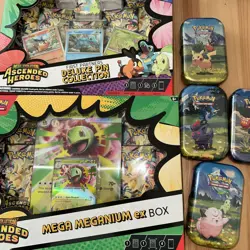 Pokemon Ascended Heroes Bundle 4 tins , Mega Mega Emboar Ex and pin collection - Image 1