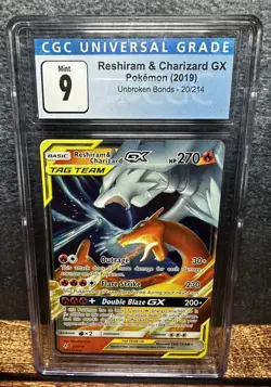 Reshiram & Charizard GX TAG TEAM Ultra Rare Holo CGC 9 Sm-Unbroken Bonds 20/214 - Image 1