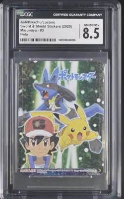 Pokemon Ash Pikachu Lucario CGC8.5NM/Mint+ 2020 Sword Shield Sticker Marumiya #3 - Image 1