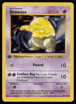 Drowzee 49/102 1st Edition Common Base Set Shadowless Pokemon English MP - Image 1