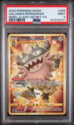PSA 9 MINT Galarian Perrserker 205/192 Rebel Clash Gold Secret Rare Holo Pokemon - Image 1