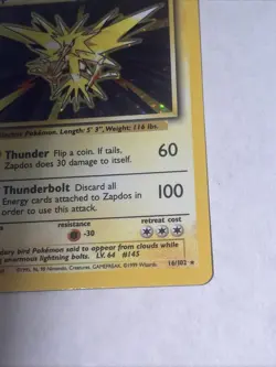 Zapdos Base Set Unlimited Holo 16/102 Pokemon - Image 4