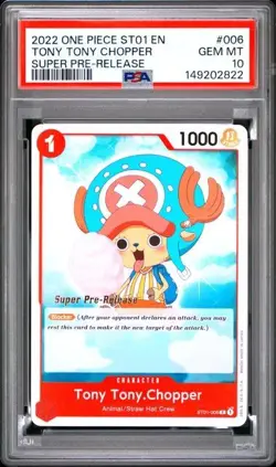 2022 ONE PIECE SUPER PRE RELEASE ST01-006 TONY TONY CHOPPER PSA 10 GEM MINT - Image 1