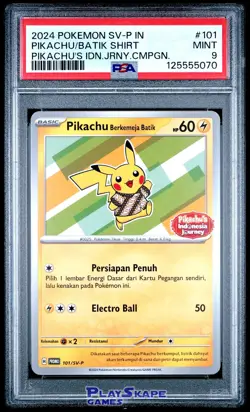 Pokemon Card PSA 9 Pikachu 101/SV-P Indonesian Promo Batik Shirt Journey 2024 - Image 1