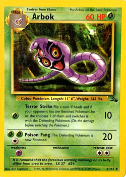 Arbok 31/62 Fossil Set Original Vintage Pokemon Card Regular Unlimited - LP! - Image 1