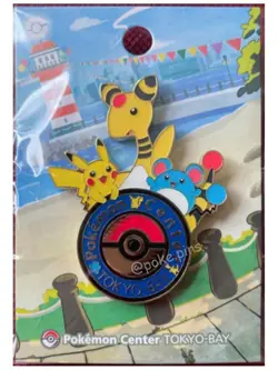 Japanese Pokemon Center Tokyo Bay Pin Badge Pikachu Ampharos Marill Brand New - Image 1