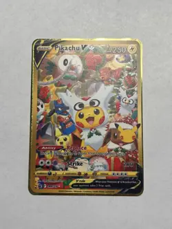 Christmas Pikachu V Delibird Cosplay Poncho Gold Metal Collectible Fan Art Card - Image 1