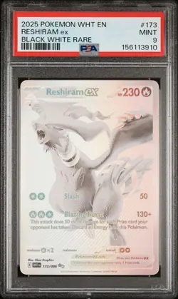 2025 POKEMON WHT EN-WHITE FLARE BLACK WHITE RARE #173 RESHIRAM EX PSA 9 - Image 1
