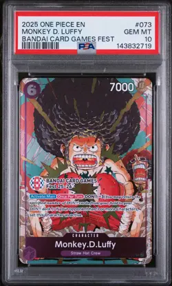 2025 ONE PIECE PROMOS BANDAI CARD GAMES FEST #073 MONKEY D. LUFFY PSA 10 - Image 1
