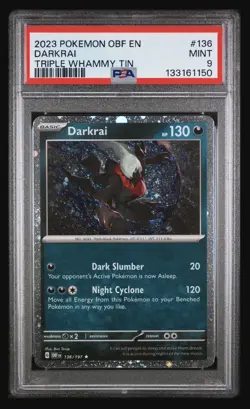 POKEMON OBF EN-OBSIDIAN FLAMES TRIPLE WHAMMY TINS #136 DARKRAI PSA 9 Cosmo Holo - Image 1