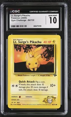 CGC 10 GEM MINT Lt. Surge's Pikachu 2000 Gym Challenge 84/132 Pokemon Card - Image 1