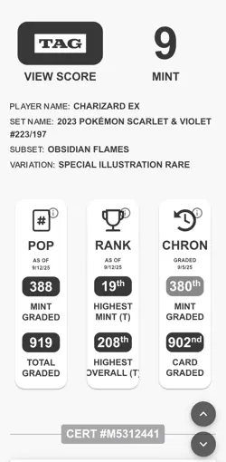 TAG 9 CHARIZARD EX 2023 POKEMON SCARLET & VIOLET #223/197 OBSIDIAN FLAMES SIR - Image 3