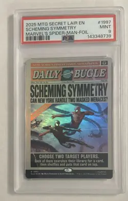 2025 MTG SECRET LAIR EN SCHEMING SYMMETRY MARVRL’S SPIDER-MAN-FOIL PSA 9 MINT - Image 1