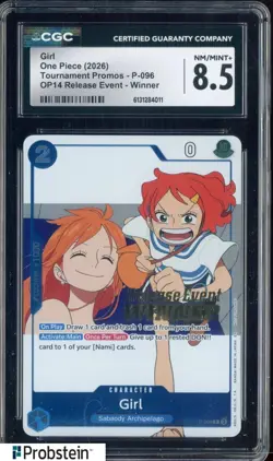 2026 One Piece Tournament Promos OP14 Release Event Winner Girl CGC 8.5 NM-MT+ - Image 1