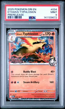 2025 POKEMON DRI EN-DESTINED RIVALS PRERELEASE #034 ETHAN'S TYPHLOSION PSA 9 - Image 1