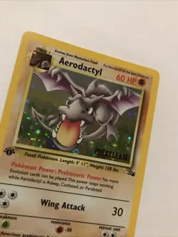 1st Edition Aerodactyl 1/62 PRERELEASE Brown Stamp Fossil Holo 1999 Pokemon Card - Image 3