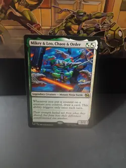 Wizards of the Coast MTG TMNT Mikey & Leo, Chaos & Order Rare Green Reg R0158 EN - Image 1