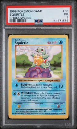 1999 POKEMON GAME SHADOWLESS #63 SQUIRTLE PSA 1 - Image 1