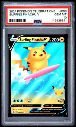 2021 POKEMON CELEBRATIONS #008 SURFING PIKACHU V PSA 10 - Image 1
