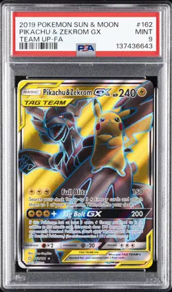 2019 POKEMON SUN & MOON TEAM UP #162 FULL ART/PIKACHU & ZEKROM GX PSA 9 - Image 1