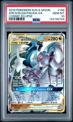 2019 POKEMON SUN & MOON COSMIC ECLIPSE #156 ARCEUS & DIALGA & PALKIA GX PSA 10 - Image 1