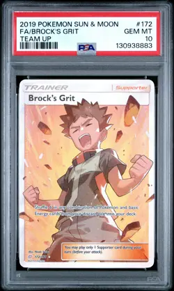 2019 POKEMON SUN & MOON TEAM UP #172 FULL ART/BROCK'S GRIT PSA 10 - Image 1