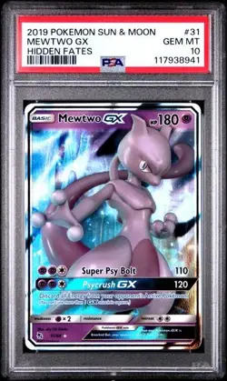 Pokemon Sun & Moon Hidden Fates GX Card #31 Mewtwo PSA 10 - Image 1